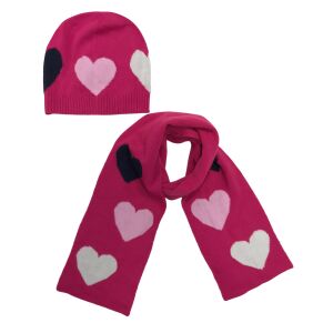 Gestricktes Mützen- und Schals-Set für Baby Mädchen in Rosa und Blau mit Herzen - Benetton