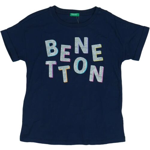 Benetton lányoknak rövid ujjú sötétkék póló csillogó ezüst és arany betűkkel - Benetton