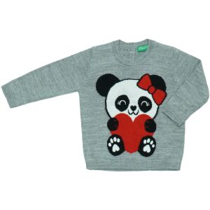 Benetton Mädchen grauer Strickpullover mit Panda- und Herzdesign - Mode & Kleidung