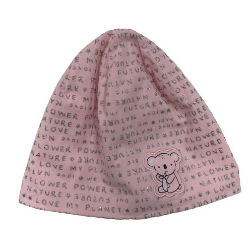 Rózsaszín kötött sapka ezüst csillogó felirattal és koala applikációval, gyerek sapka