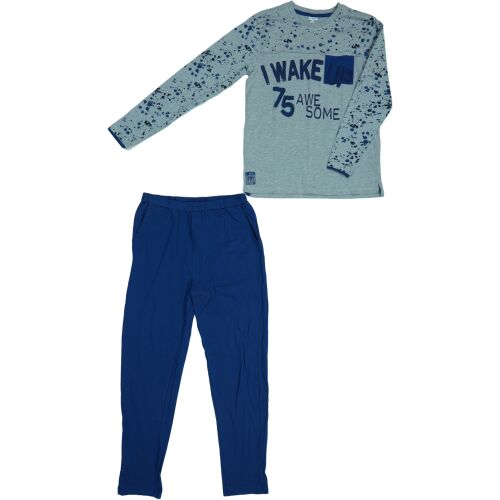 Pijamale pentru copii, albastru și gri, cu inscripția 'I Wake Up 75 Awesome'