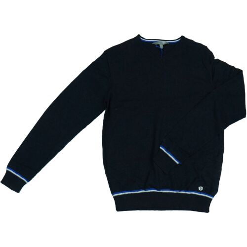 Pulover negru cu mânecă lungă cu dungi albe și albastre pe manșete și la tiv