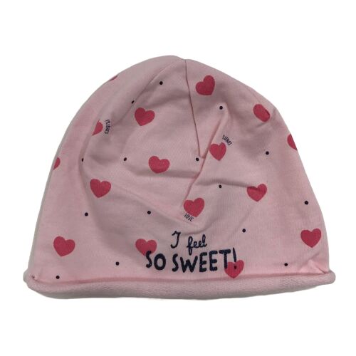 Rózsaszín kötött sapka lányoknak szívekkel és 'I feel so sweet' felirattal