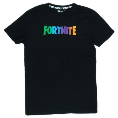 Fortnite fekete póló gyerekeknek, színes logó nyomtatással 
