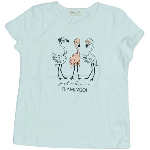 Fehér rövid ujjú póló gyerekeknek flamingó mintával, 'Just be a Flamingo' felirattal, 128-as méretben - Gyerek póló