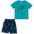 DopoDopo fiú dinoszaurusz csontváz pizsama szett méret információkkal, 128-as méret. Türkiz póló és sötétkék rövidnadrág.