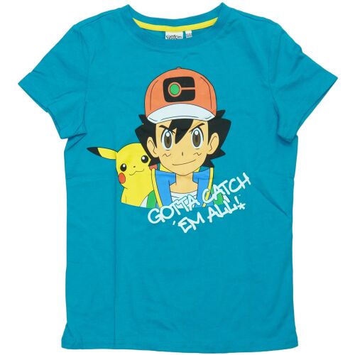 Kék Pokemon póló gyerekeknek Ash-el és Pikachuval, 'Gotta Catch 'Em All' felirattal - Gyerek póló