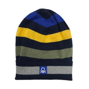 Gestreiftes blaues, gelbes und grünes Mütze mit einem kleinen Logo auf der Vorderseite - Benetton