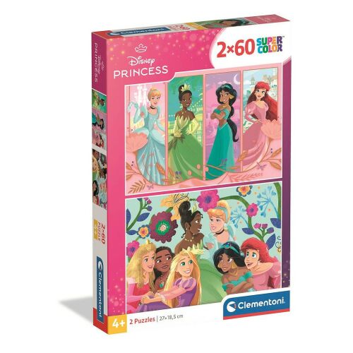 Clementoni Disney Hercegnők 2x60 darabos puzzle doboz, a hercegnők Csipkerózsika, Tiana, Jázmin és Ariel szerepelnek rajta