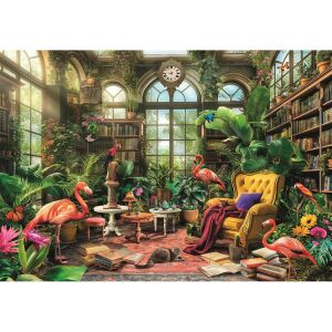 Puzzle Clementoni Seră Biblioteca, 1000 de piese, cu flamingo și o scenă confortabilă de bibliotecă. - Clementoni Puzzle