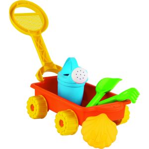 Piros és sárga gyerekvagon kék locsolókannával, zöld lapáttal, sárga gereblyével és sárga kagylóformával. Tökéletes a strandra vagy a homokozóba. - Androni