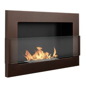 Șemineu pe bioetanol maro, montat pe perete, cu ecran de sticlă și flacără arzând - Bysil Seminee bio