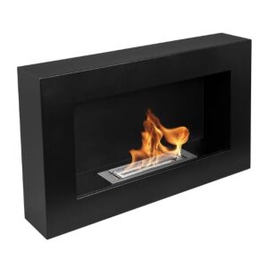 Șemineu bio modern negru, montat pe perete, cu flacără arzând - Bysil Seminee bio