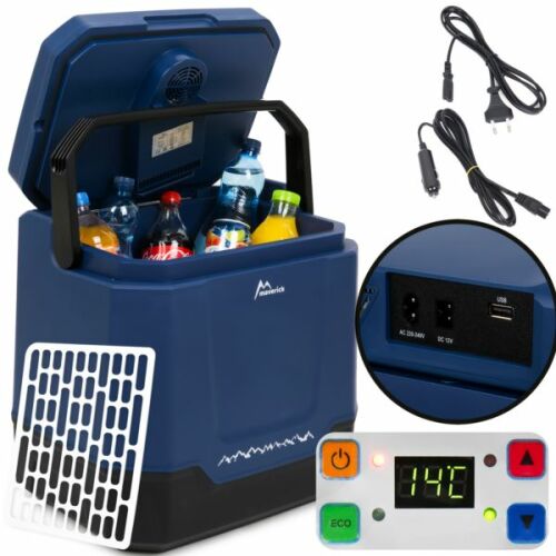 Maverick 35L autós utazó hűtő tartozékokkal, nyitott fedéllel, italokkal belül, vezérlőpanellel és hátsó panellel portokkal