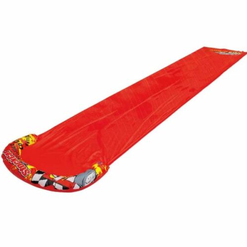 Czerwona zjeżdżalnia wodna dla dzieci, dmuchana, długa, z wzorem wyścigowego samochodu