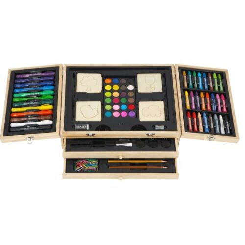 Unelte de artă pentru copii într-o cutie din lemn