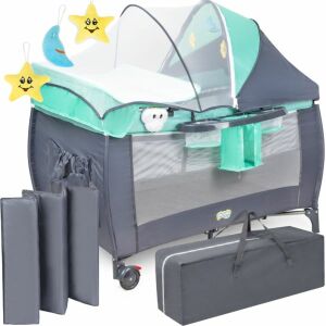 Пътуващо бебешко легло със сменяща маса, балдахин и чанта за съхранение, зелено и сиво - Легло и аксесоари за пътуване