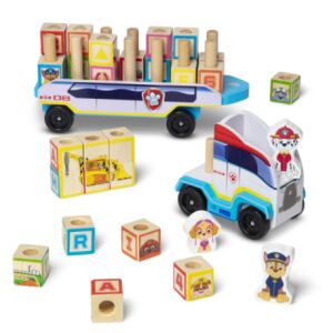 Camion din lemn Paw Patrol cu remorcă, 28 blocuri cu litere și 3 figurine Paw Patrol - Melissa & Doug Joc de construcție din lemn