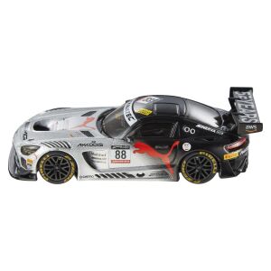 Hot Wheels Premium Real Riders Diecast Mercedes AMG GT3 1:43 méretarányú modell, ezüst fekete és piros részletekkel, oldalnézet - Mattel