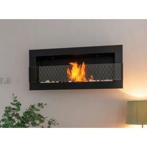 Nástenný bioetanolový krb so sklom, čiernym rámom a bielymi ozdobnými kameňmi. Moderná domáca dekorácia. - Krb a kachle