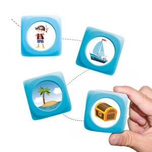 Story Cubes Würfel zum Geschichten erfinden, mit Bildern von einem Piraten, einem Boot, einer Palme und einer Schatztruhe - Entwicklungsspiele für Kinder im Kindergartenalter