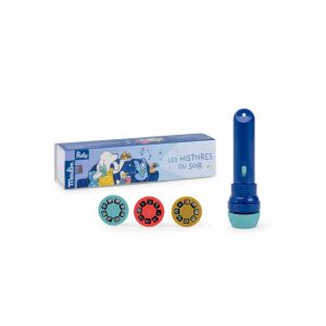 Moulin Roty Chip si Pilou Geschichtenprojektor, blaue Taschenlampe mit 3 austauschbaren Scheiben, Gute-Nacht-Geschichten für Kinder - Lampen für Kinder