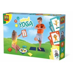SES Animal Yoga Brettspielbox, mit zwei Kindern, die Yoga-Posen einnehmen, mit bunten Karten und einem Spinner - SES Creative