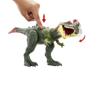 Jurassic World Gigantic Trackers Sinotyrannus zabawka dinozaur z ruchomą głową i ogonem, akcją ataku i odłączanym sprzętem do śledzenia - Mattel