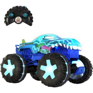 Hot Wheels Monster Trucks Mega Wrex Alive RC, niebieski i zielony monster truck z oświetleniem i pilotem - Pojazd zdalnie sterowany