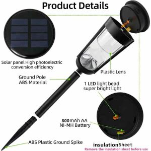 Panou solar, eficiență ridicată a conversiei fotoelectrice, stâlp de sol material ABS, baterie 800 mAh AA Ni-MH, șurub de sol din plastic ABS, lentilă din plastic, 1 LED super luminos, design clepsidră, negru - Lanternă solară