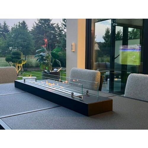 Vstavaný biokrb / bioetanolový horák VLOŽKA 120 cm s matným čiernym žiaruvzdorným sklom, 120 x 21 x 19,4 cm, s ozdobnými bielymi kamienkami, lievikom a nádobou na aromaterapiu!