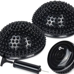 Set de două jumătăți de minge negre pentru exerciții de echilibru, o pompă manuală și o bază plată - Echipamente de fitness