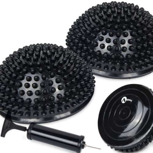 Set de două jumătăți de minge negre pentru exerciții de echilibru, o pompă manuală și o bază plată
