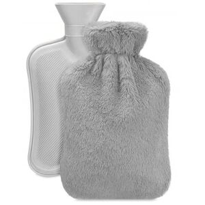 Szary pluszowy termofor z białą gumową butelką - Terapia zimno-ciepło
