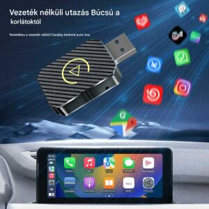 Vezeték nélküli CarPlay és Android Auto adapter autóhoz, az adaptert mutatja a jármű infotainment rendszeréhez csatlakoztatva, a CarPlay felületet megjelenítve - Bluetooth adapter