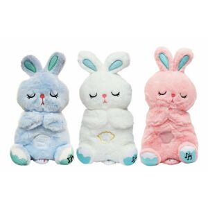 Szunyókáló nyuszi, egy igazi alvó és játszótárs, alszik és lélegzik, hanggal és éjjeli fény, Kék színben