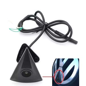 Camera frontală cu logo Volkswagen, care arată camera instalată în logo, cu carcasa triunghiulară neagră și obiectivul camerei vizibil - Camere Auto Marsarier