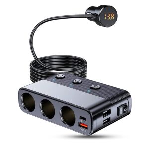 Адаптер за контакт за кола 7 в 1 с LED дисплей, 3 x USB Q.C 3.0 и USB-C порт 127 W с вграден волтметър, AutoREY®, с 3 гнезда за запалка за кола 126177227 - Автомобилна електроника