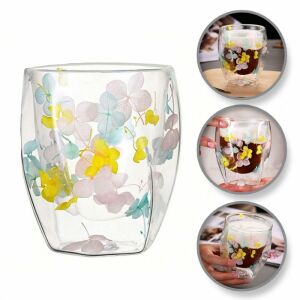 Colaj cu pahar cu pereți dubli cu flori uscate, sticlă izolată pentru băuturi calde și reci - Pahare