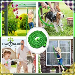 Kolaż rozciągliwego węża Real Garden w różnych zastosowaniach: podlewanie roślin, mycie psa, mycie okien - węże