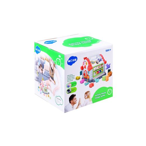 Hola Aktivitás Ház Formabedobóval, interaktív játék babáknak és kisgyermekeknek, formabedobóval, állatfigurákkal, zongorával és még sok mással
