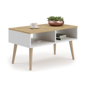 Sandi Couchtisch, weiß und eichenfarben, mit einem unteren Regal, zeigt das Design und die Eigenschaften des Tisches - Couchtische