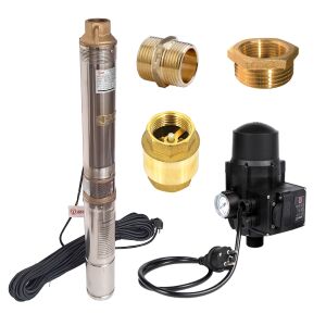 DDT 4QJD2-8 Tauchpumpe für sauberes Wasser mit Zubehör: Rückschlagventil, Druckschalter und Armaturen - DDT