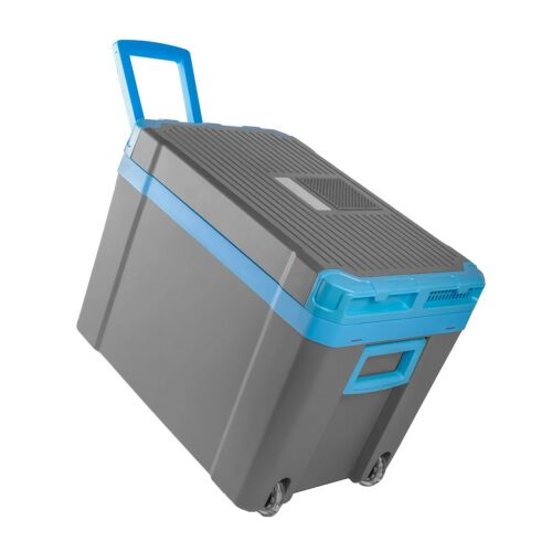 Master 35L hordozható autós hűtő, szürke és kék színben, kerekekkel és fogantyúval