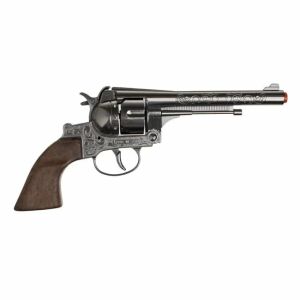 Élethű revolver pisztoly kapcsokkal, 12 töltény, fém, 18cm hosszú, szürkésbarna, szürke-barna