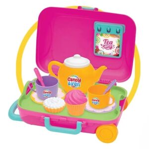 Bőröndös játékkészlet 12 kiegészítővel, teáskészletet tartalmaz, műanyag, 24x12x36cm, több színű