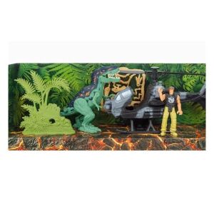 Játékkészlet dinoszauruszokkal és helikopterrel, ember és kövület figurákkal, 45x11.5x17cm, többszínű