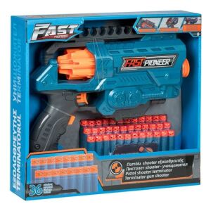 Shooter gépfegyveres játék, 36 habszivacs nyílvesszővel, 31x6x28x28cm, kék-narancs színben
