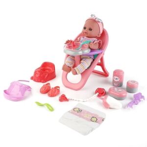 Szett asztali székkel és babával, tartozékokkal és 12 hanggal, 38x10.5x35cm, többszínű, 38x10.5x35cm, többféle hanggal.