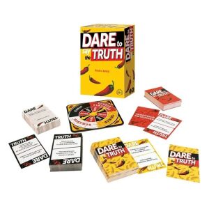 Komponenty gry dla dorosłych Dare to Say the Truth, 18+, projekt z czerwonymi papryczkami chili, zawiera karty, wirówkę i instrukcje - Prezent dla dorosłych